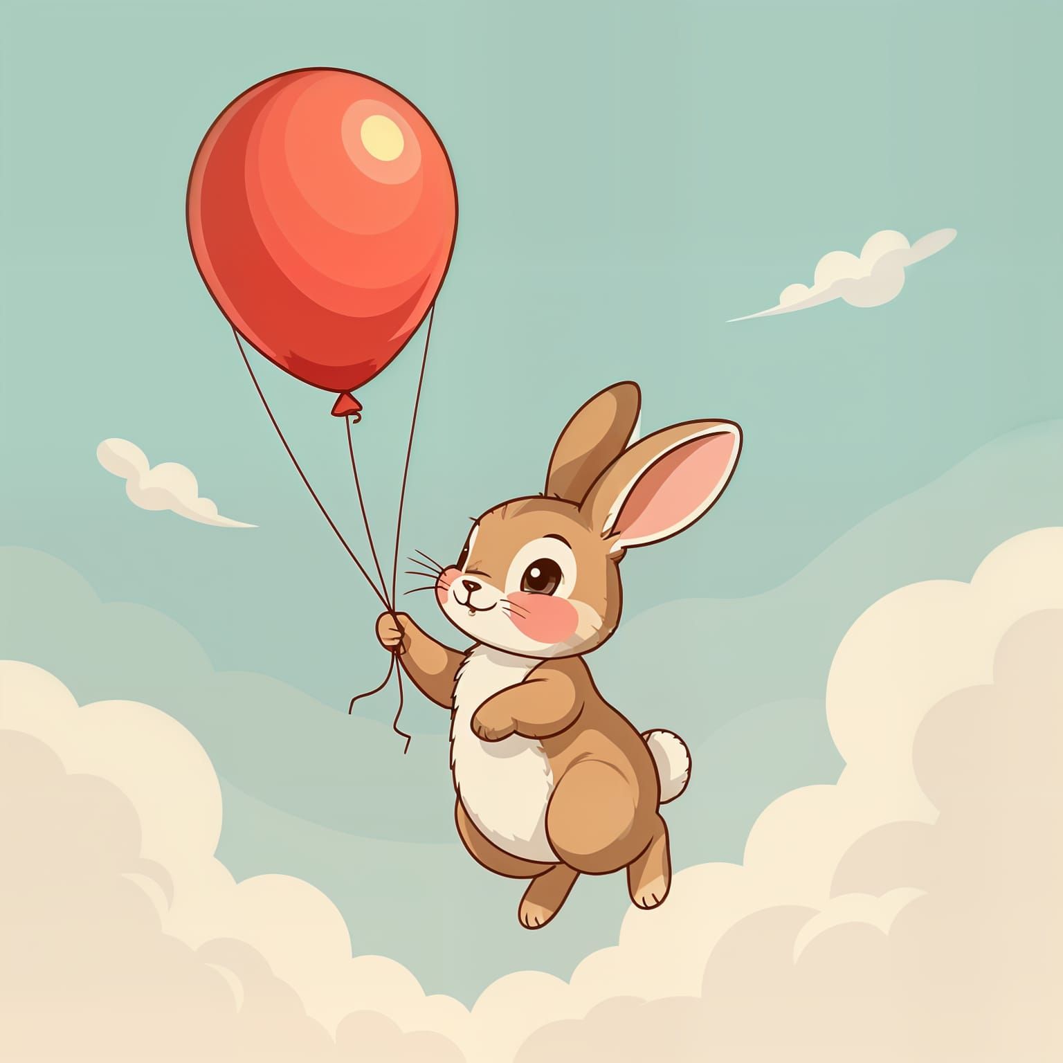 Cute Rabbit Floats Skyward with Red Balloon