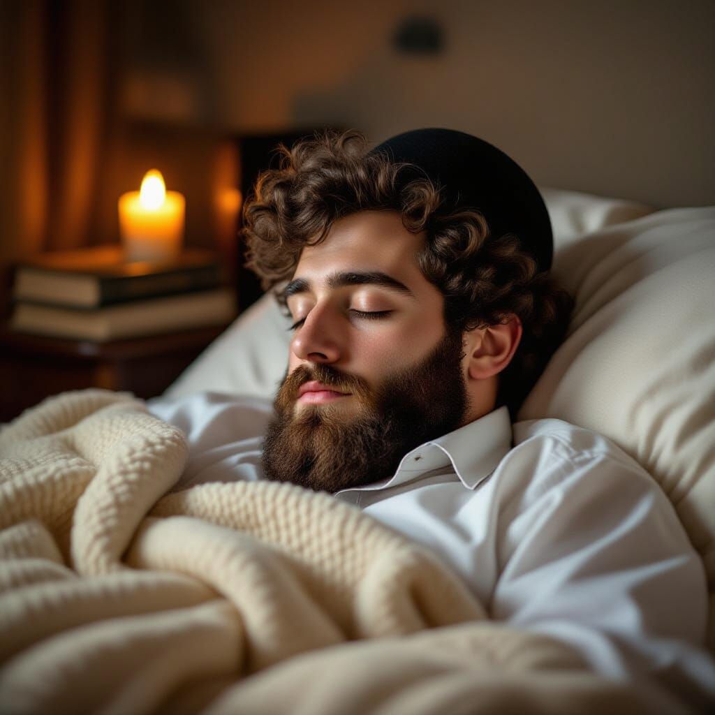 Hasidic Man Sleeping Peacefully in Soft Candlelight