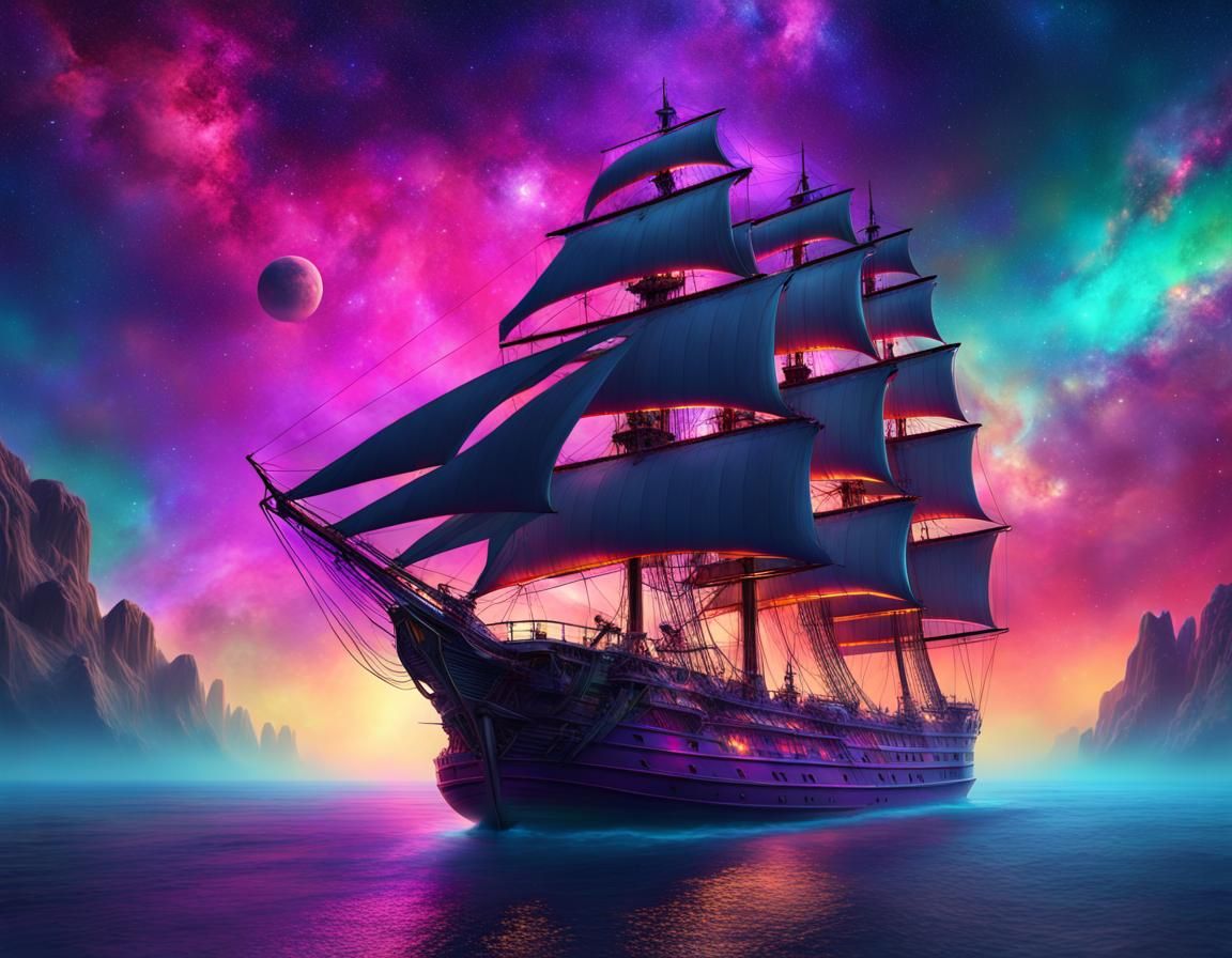 Sailship with colourful background