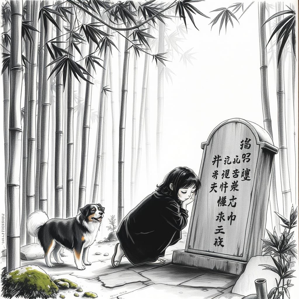 Serene Bamboo Garden with Woman and Ghost Dog