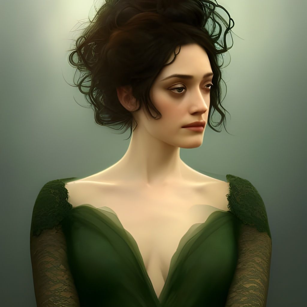 emmy-rossum-black-hair-dark-eyes-dark-green-and-orange-lace-dress