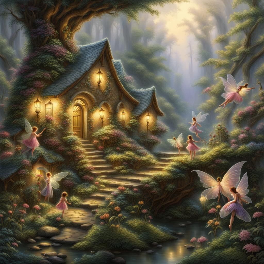 Digital photograph of delicate fairies by Thomas Kincade, hi...