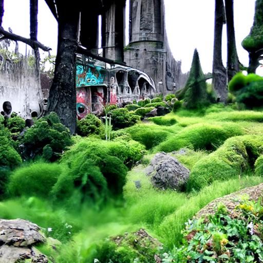 Beautiful overgrown park covered in magic and moss Post-Apoc...
