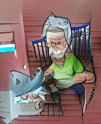 Old man petting his pet shark on the porch.