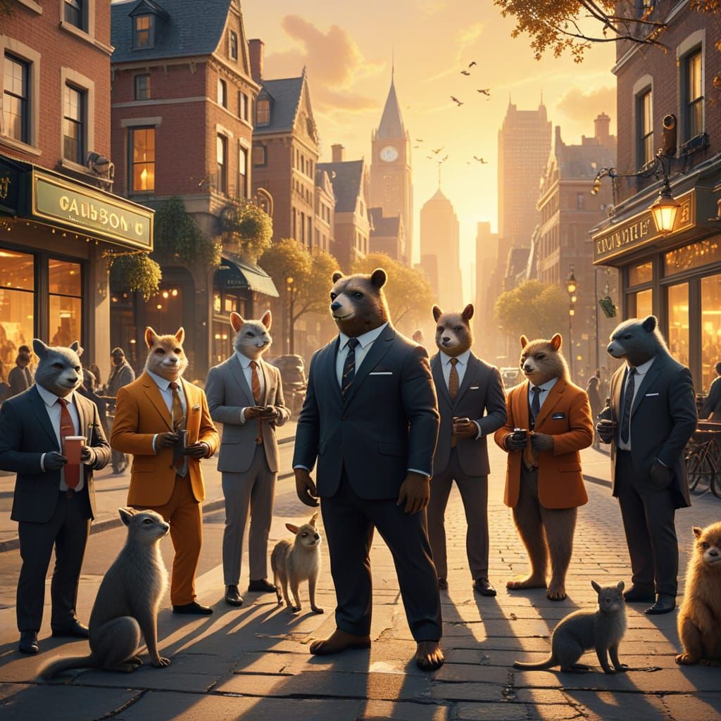 Anthropomorphic Animals in a Bustling Cityscape