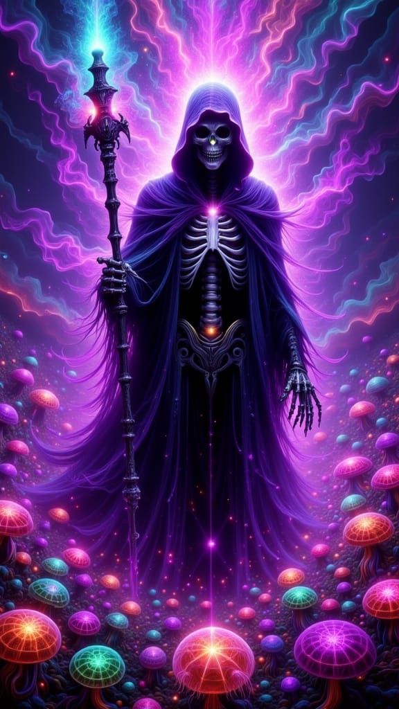 Grim Reaper in Psychedelic Neon 3D Style