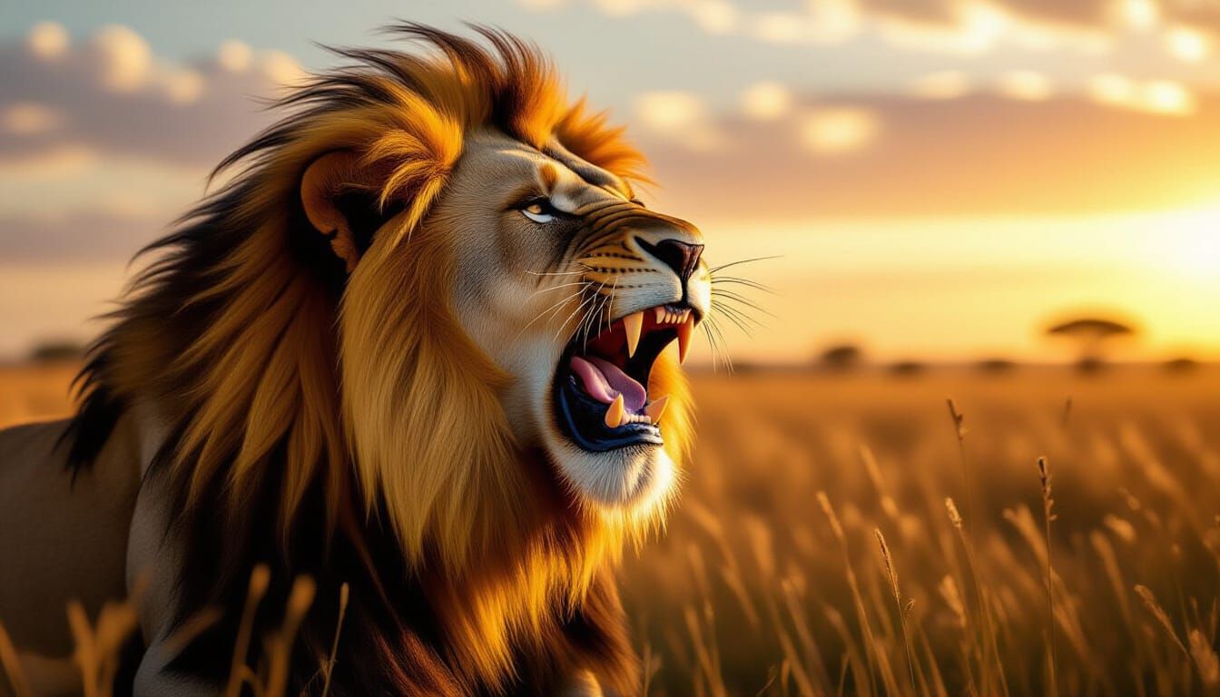 Hyper-realistic close-up of a lion roaring powerfully as it defends its territory