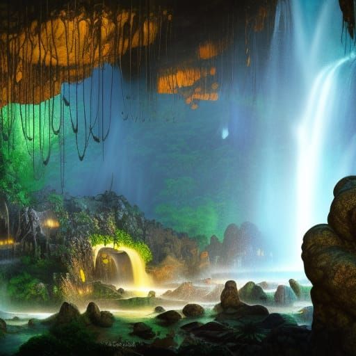 Inside an enormous rocky cavern with boulders in the center of the ...