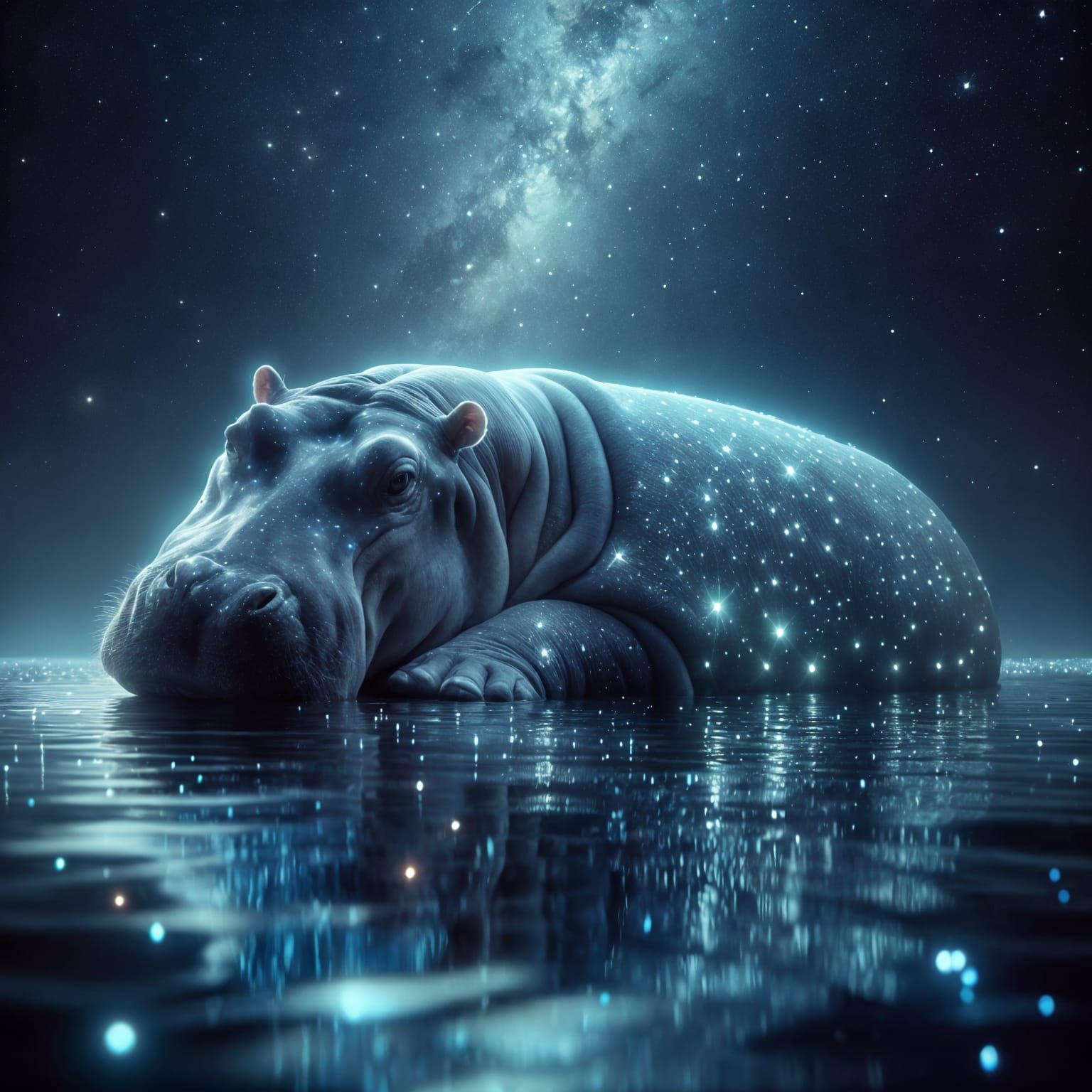 The Starlit Hippo

"A gentle, serene hippo resting in a glowing lagoon beneath a vast starlit sky, its ...  by @Wild_M00N_Child