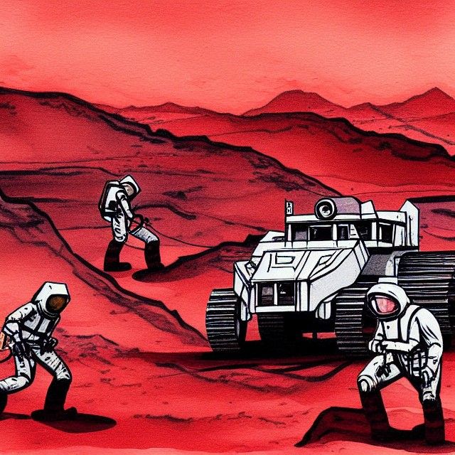 mining team on red planet, action painting retrofuturism ink...