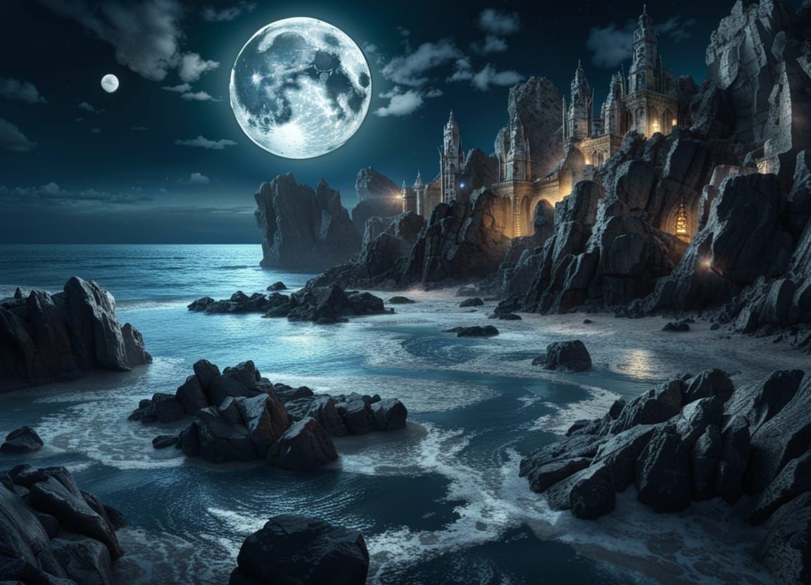 Rocky shoreline with full moon  by @Unreality One