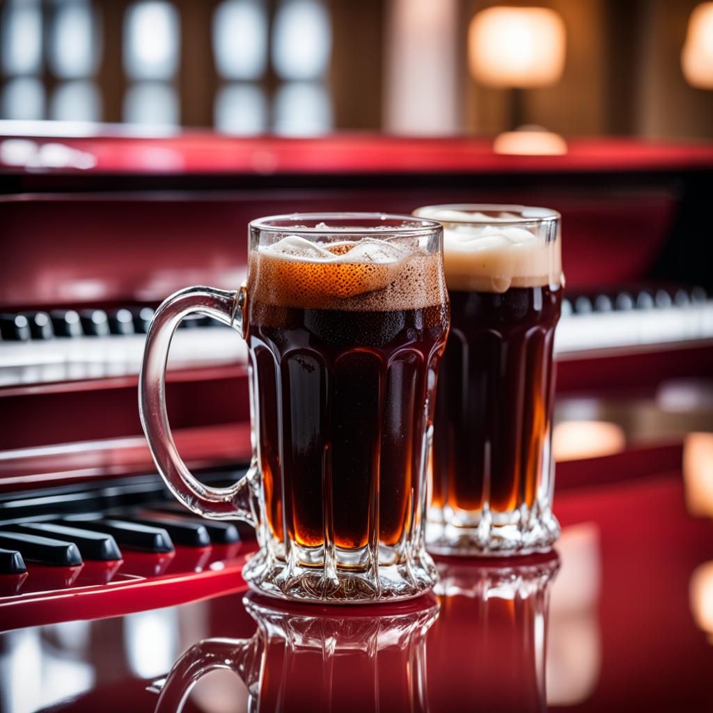 2 Root Beer Mugs With Shiny Red Piano In The Background