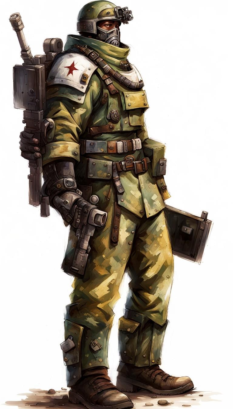 A full body portrait of a Warhammer 40k soldier man, who is wearing a ...