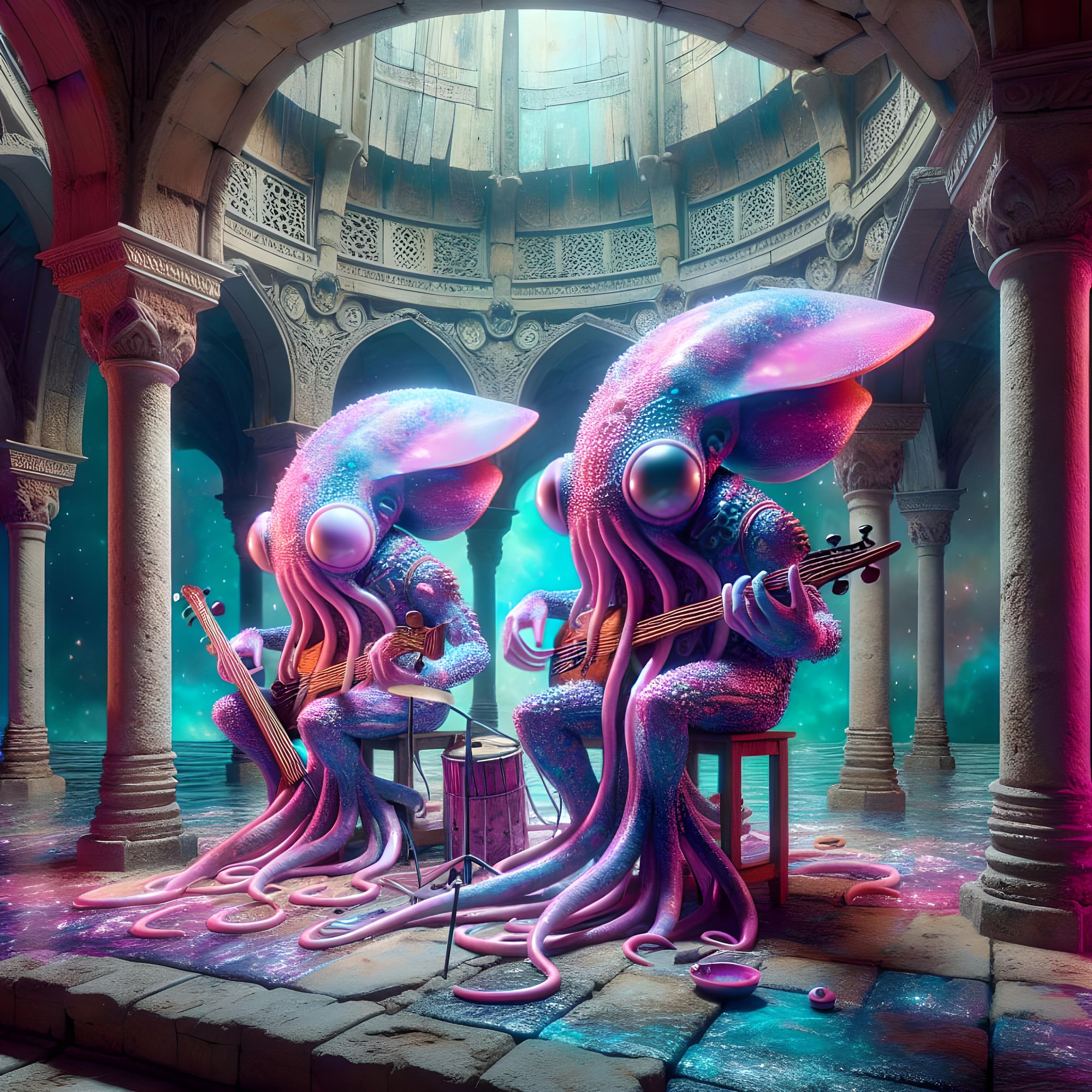 "Two Squid Psychedelic Band" playing in Pavillion among the Ruins of a medieval castle Hyperrealistic, splash art, concept art, mid shot, intr...