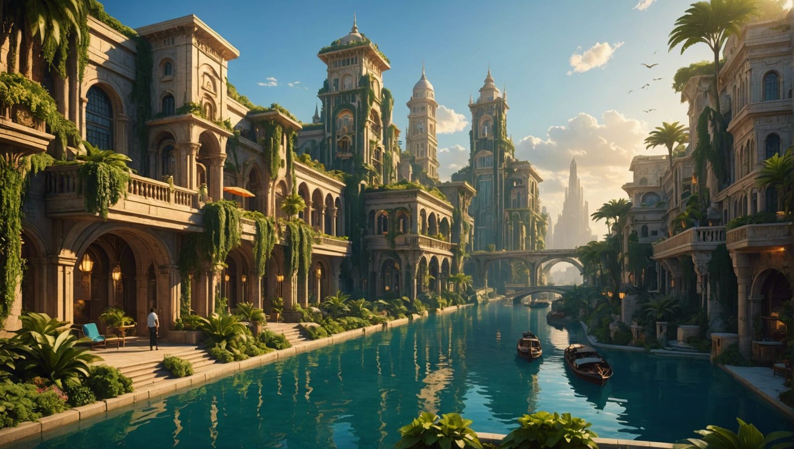 Atlantis in the future, thriving opulent futuristic fantasy harbour ...