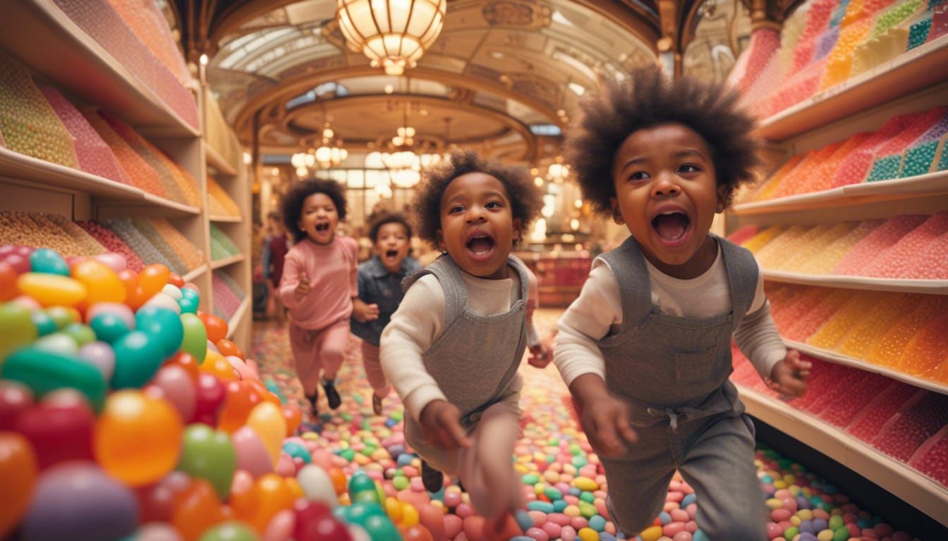 toddlers running inside a French art nouveau Candy store with hundreds