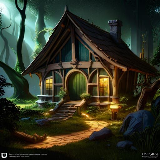 cottage in the forest detailed matte painting, deep color, f...