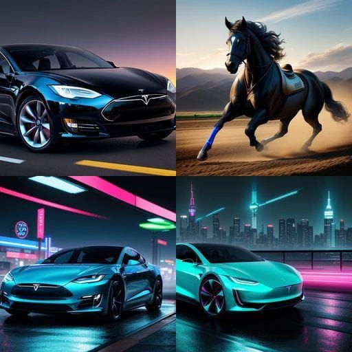 Electric Tesla Car Pulled by a Galloping Horse