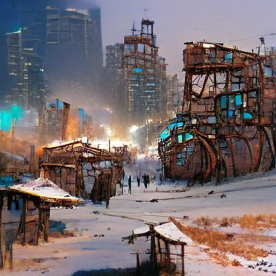 Winter in rusty cyberpunk city