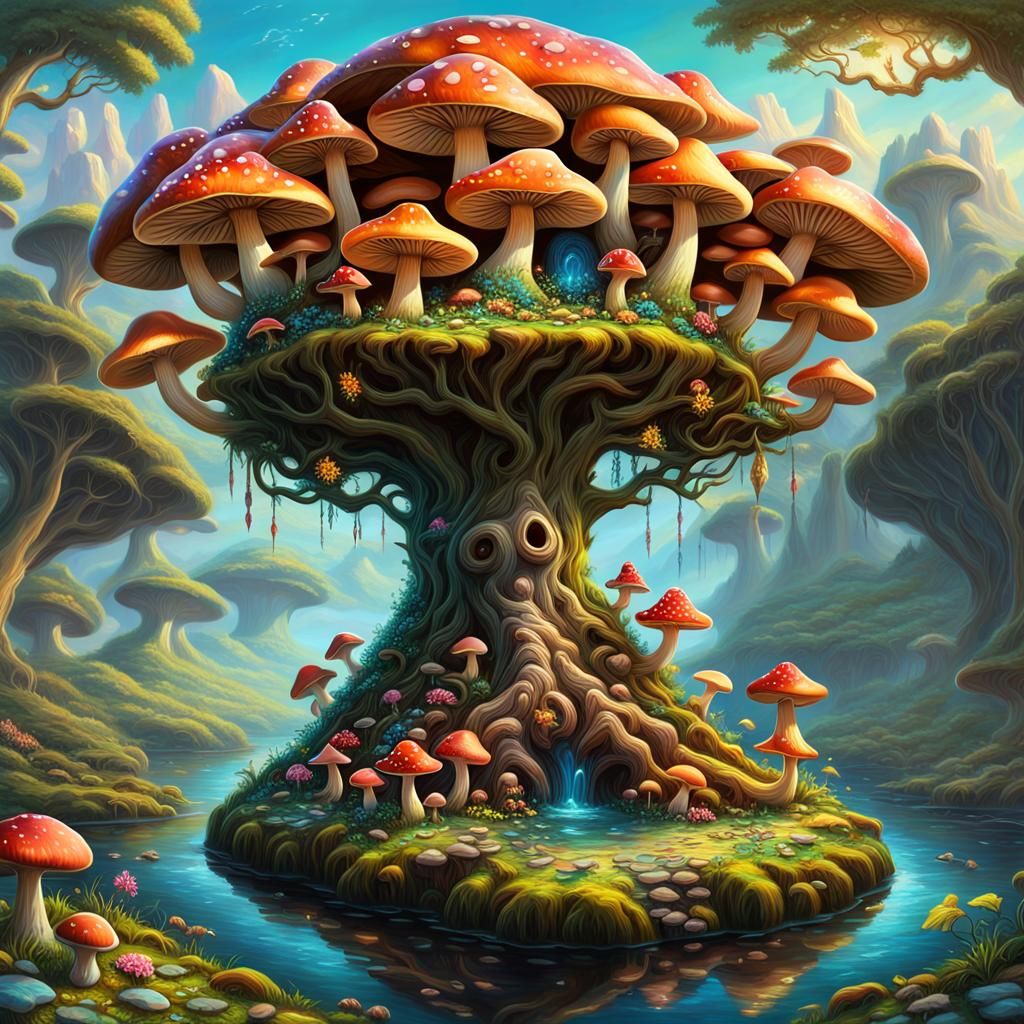 Tree of Life Island with Luminous Mushrooms, Fantasy Art