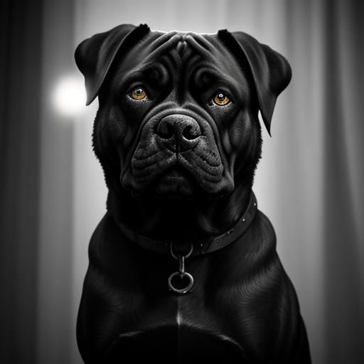 Flash photography of a cane corso, bright even light on subject, dark back ground   by @Kay