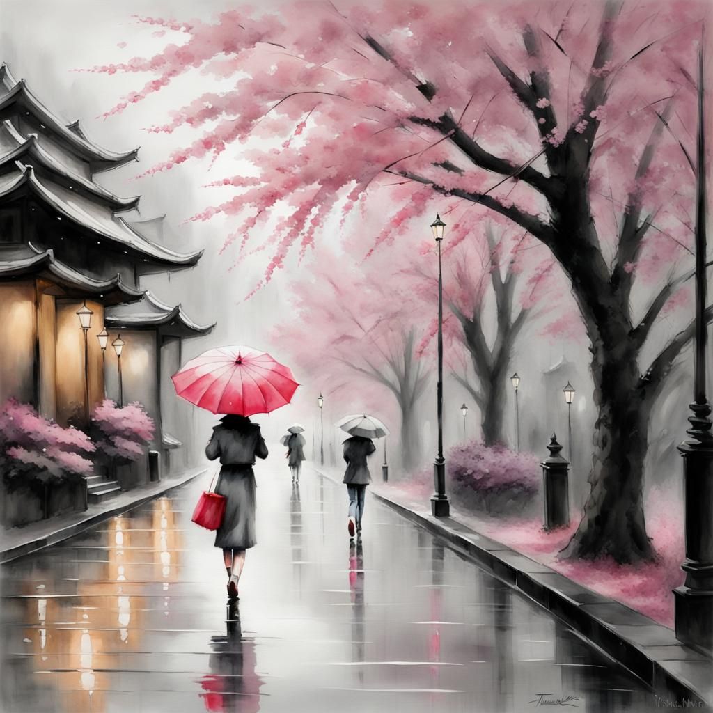 A grayscale street scene with cherry blossom trees in the rain  by @lokicheddar