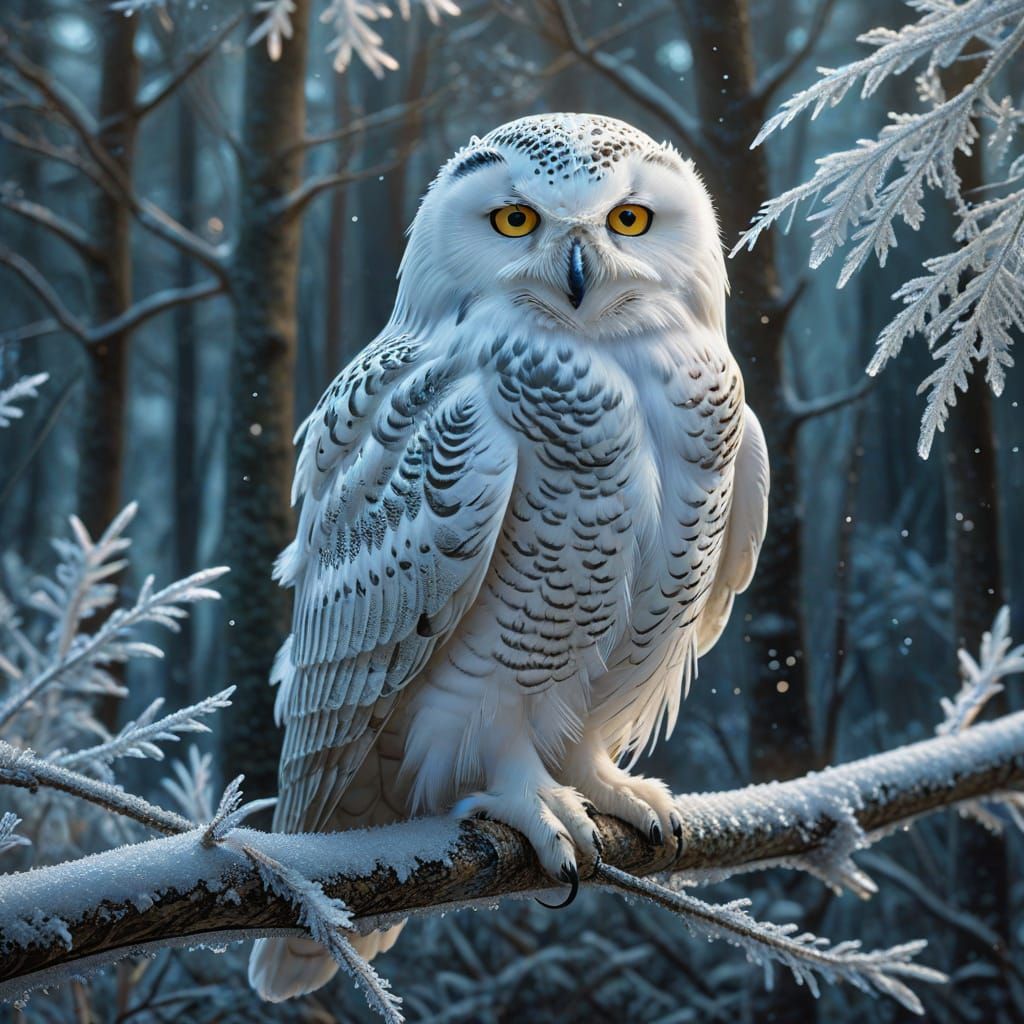 Majestic Snowy Owl on Frosted Branch in Ethereal Moonlight