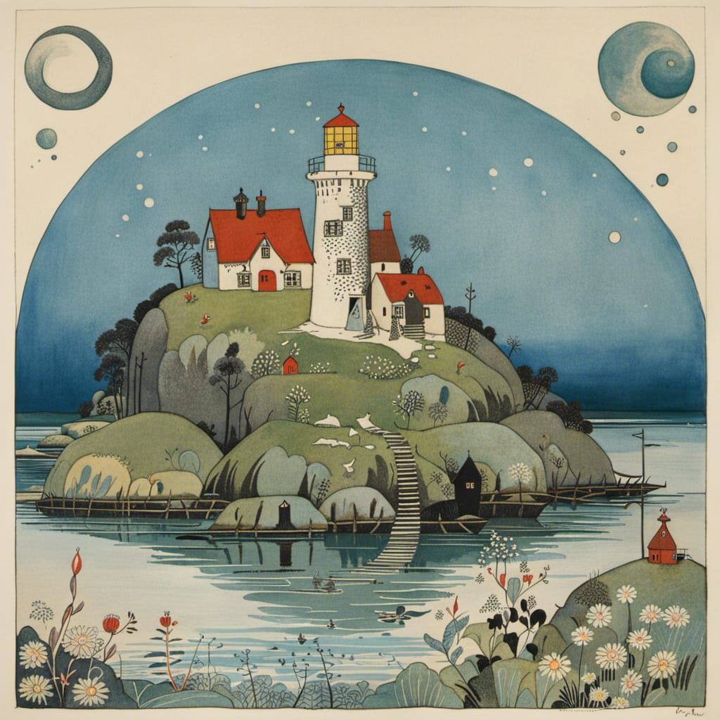 lighthouse on a small island with cute cottages, by Kay Nielsen, Arthur Rackham and Paul Klee  by @Tina auf der Blumenwiese