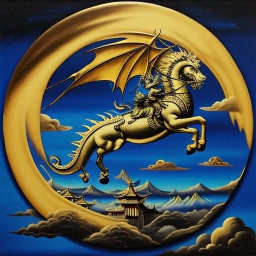 Chinese Dragon Soaring in Night Sky: Surrealist Painting