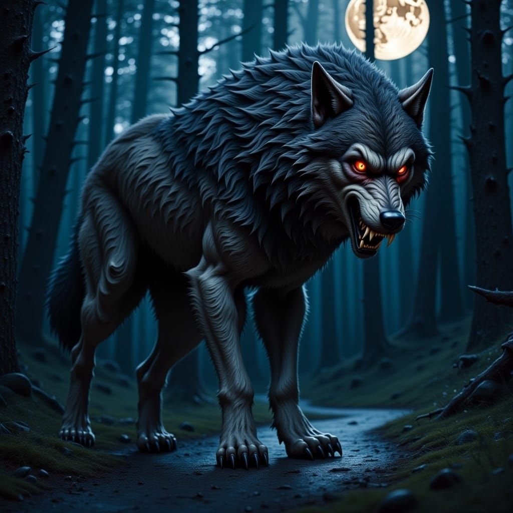 A werewolf prowling under the moonlight <lora:Flux Werewolf v2:1.0> 