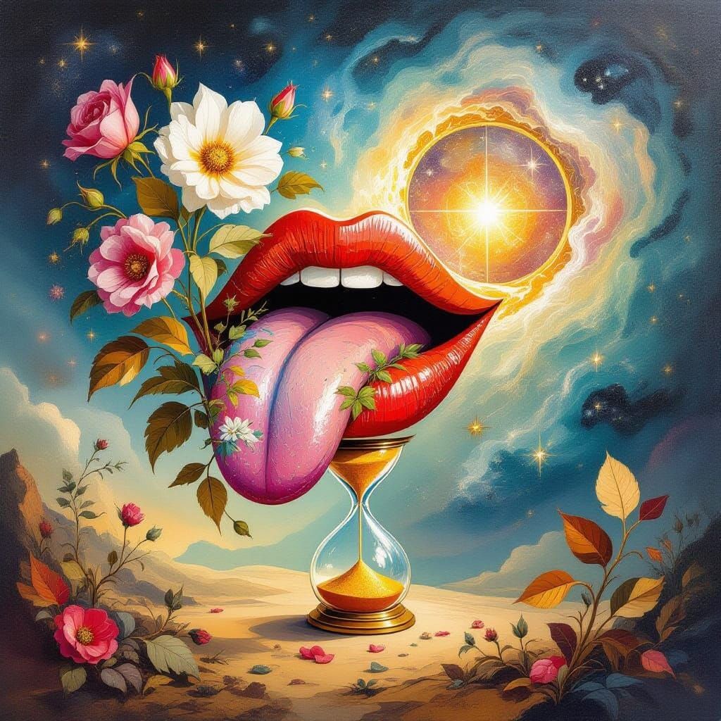 Surreal Tongue Flowers Portal Oil Painting
