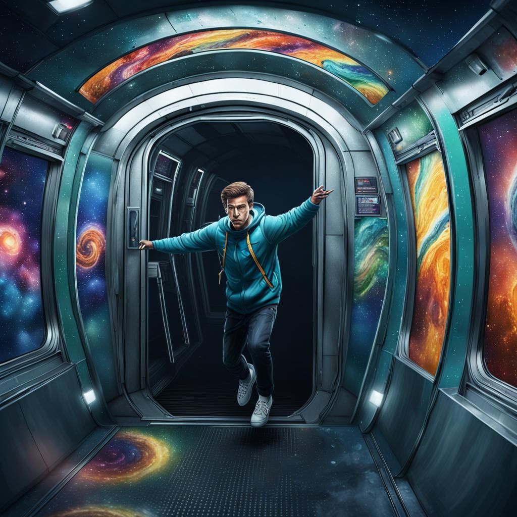 student getting on an eternity shaped subway in space Hyperr...