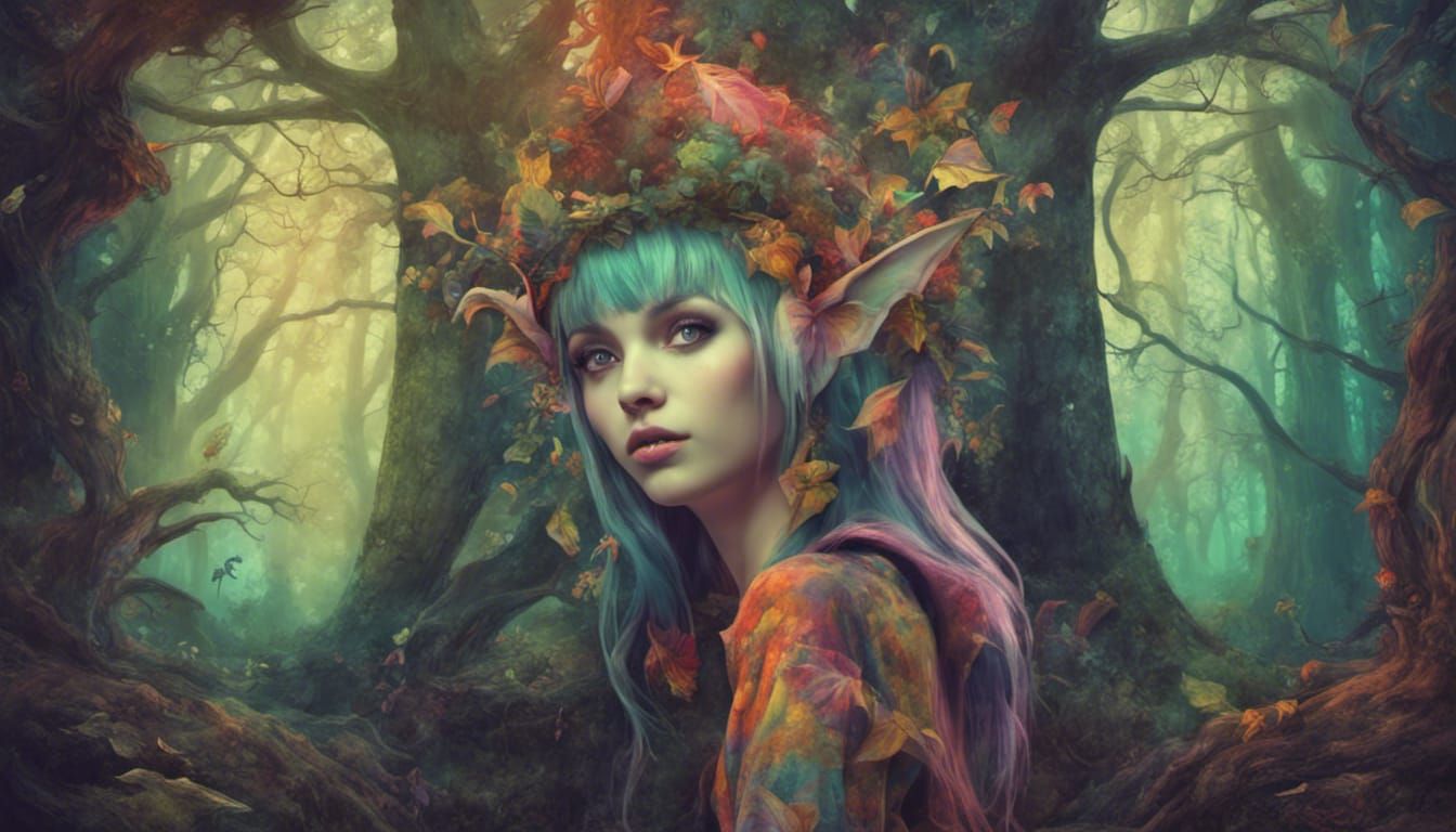 a psychedelic elf selfie in an old fantasy forest, gothic fa...