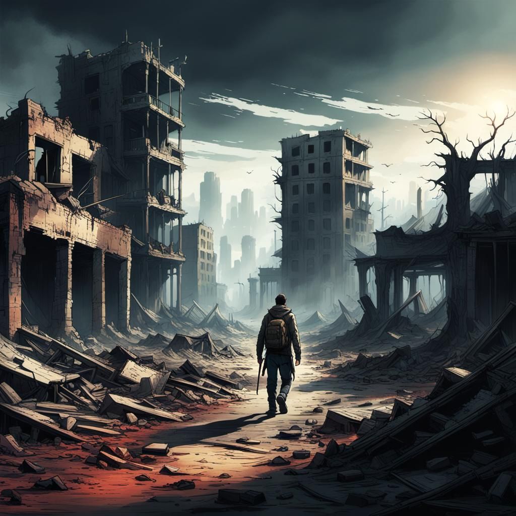 lone wanderer walking through the remains of a ruined city - AI ...