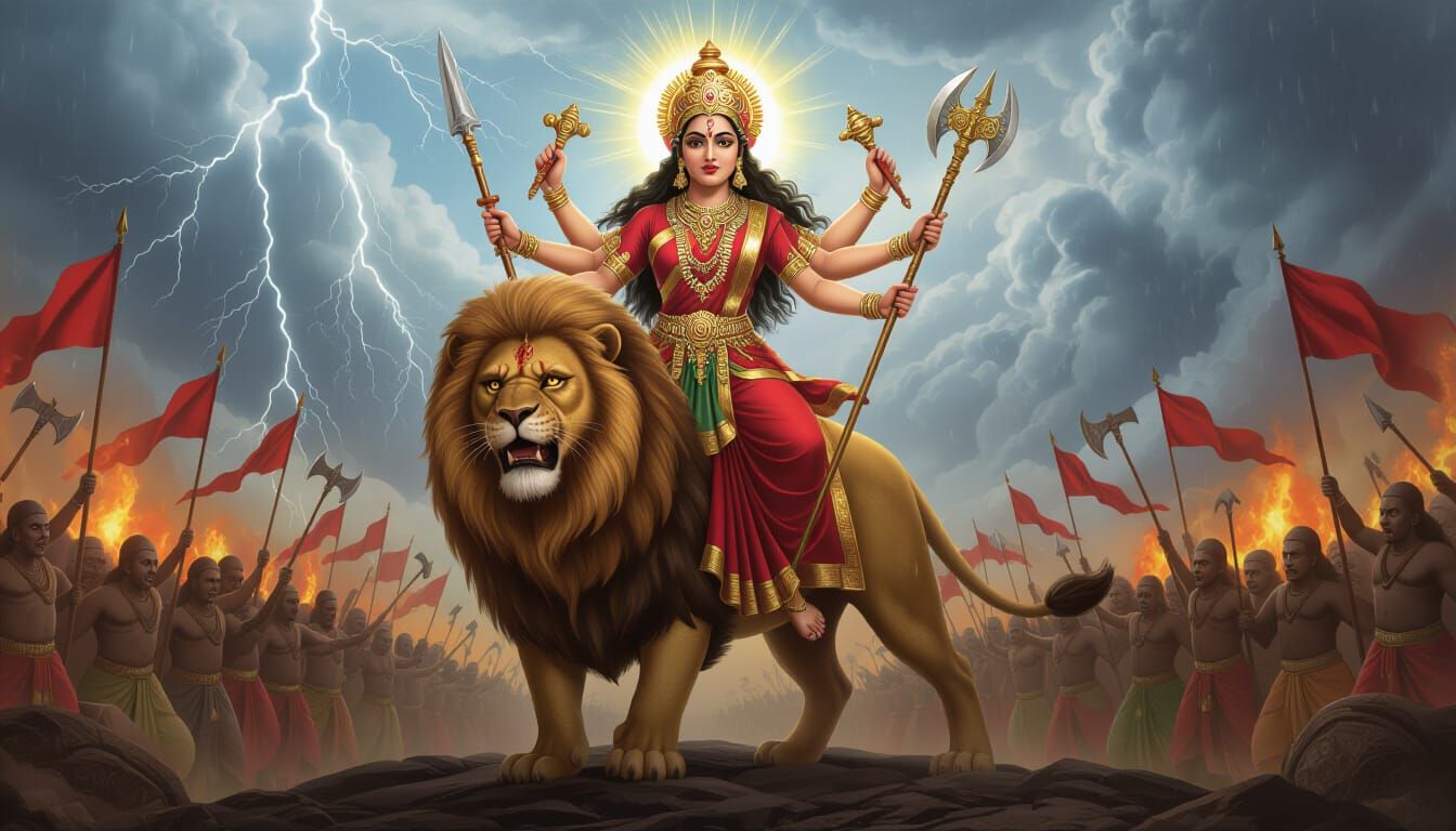Goddess Durga mounted on her mighty lion, poised and resplendent, adorned with divine armor