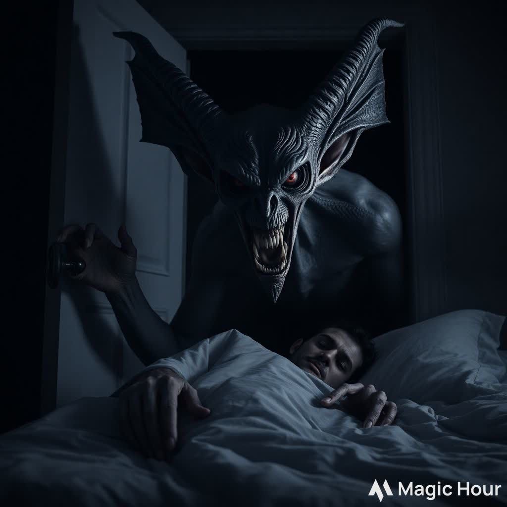 Creepy fictional horror art fantasy creations of an evil sleep paralysis demon watching the viewer sleep while constantl...