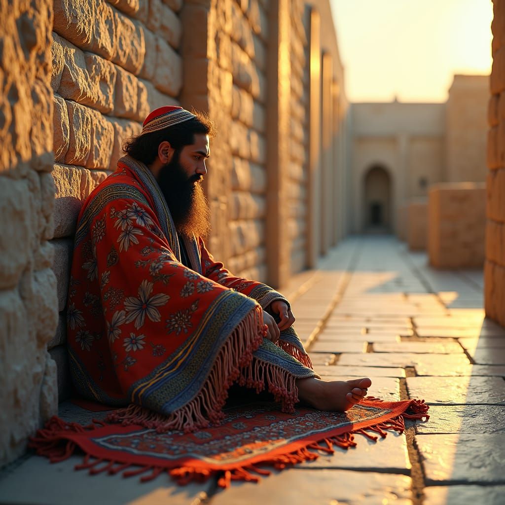 Contemplative Jewish Man at Western Wall in Rich Color
