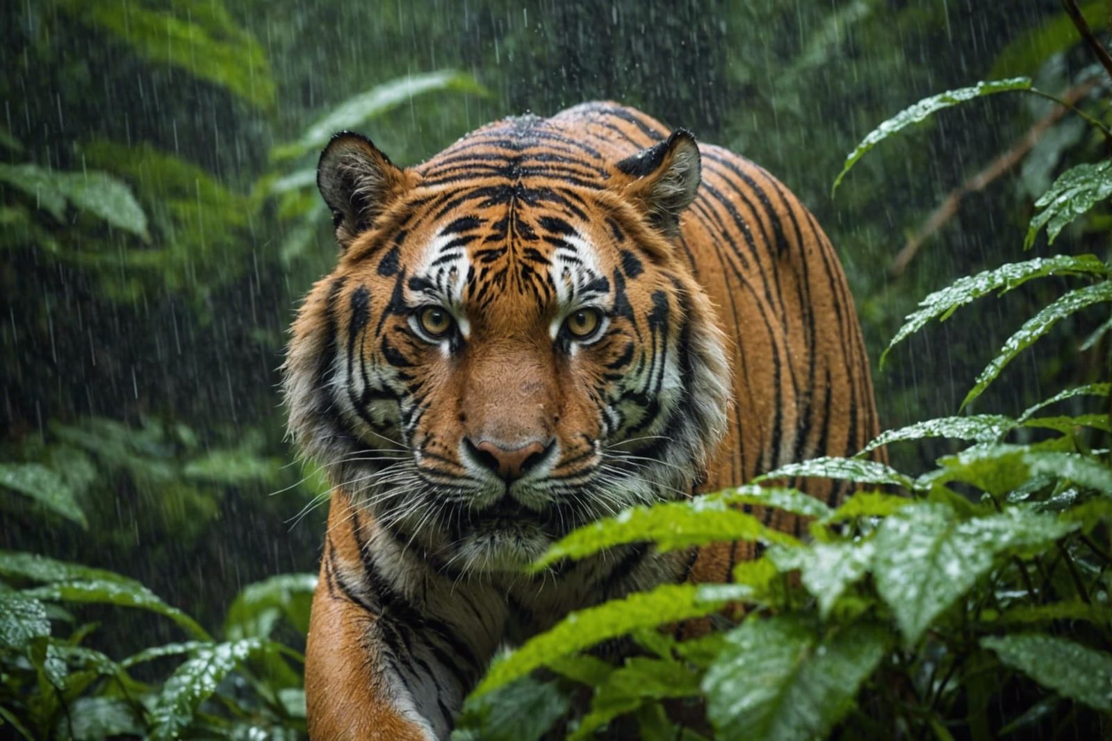 close up of a fearsome tiger barely visible through dense torrential rain stalking through a  rainforest ...  by @Buzz