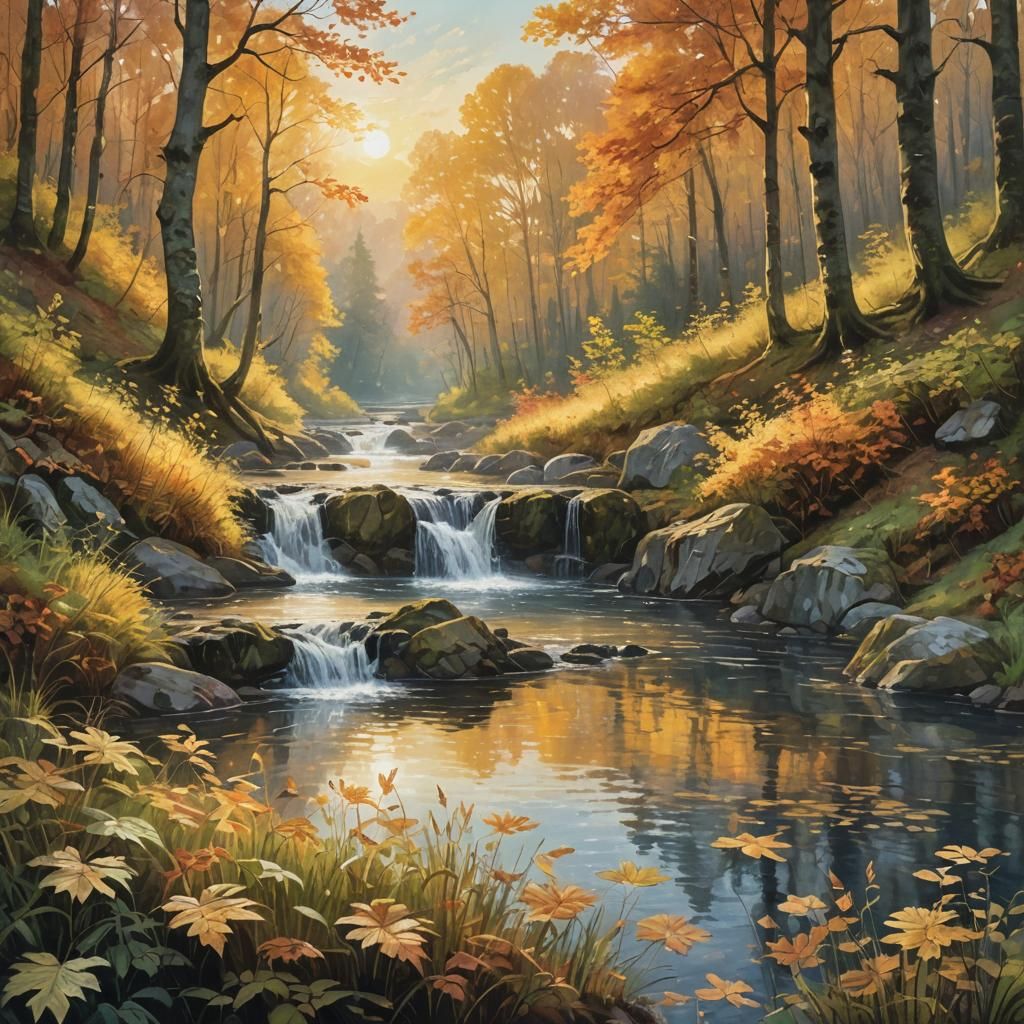 Next to a autumn forest a tiny river running. The river ends in a waterfall to a small lake. Over the lake sunshine rays Sunrise at the back...