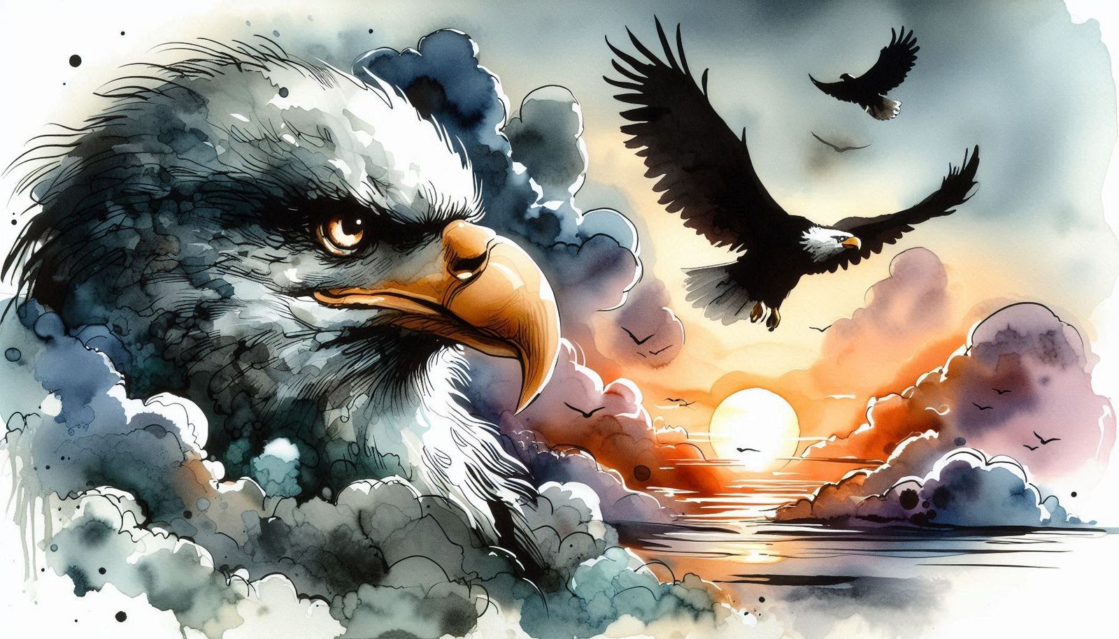Portrait of Bald Eagle's covered in clouds, painting