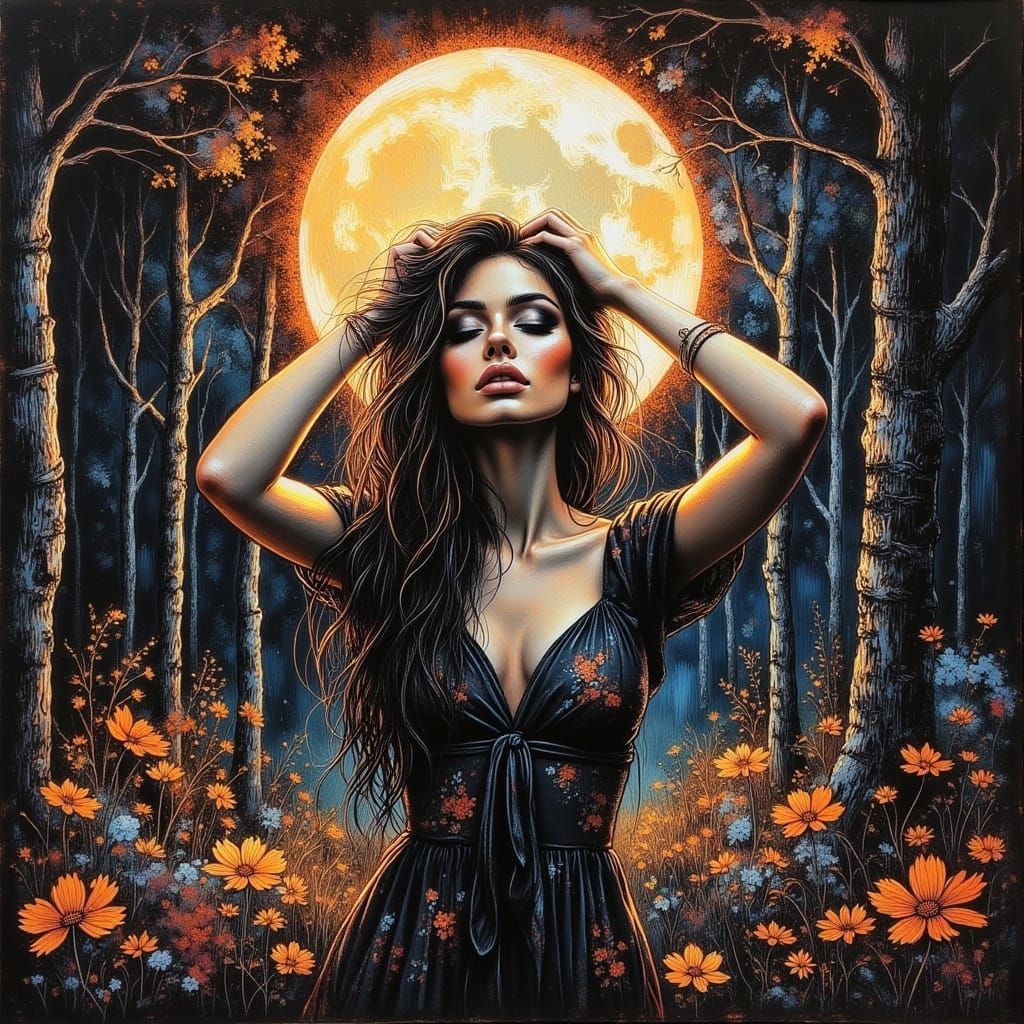 <lora:Boho Ladies:1.0> <lora:divineOil:1.0> <lora:Night Breeze V2:1.0> <lora:Beautiful women:1.0> The beautiful women  stands in a dark fore...