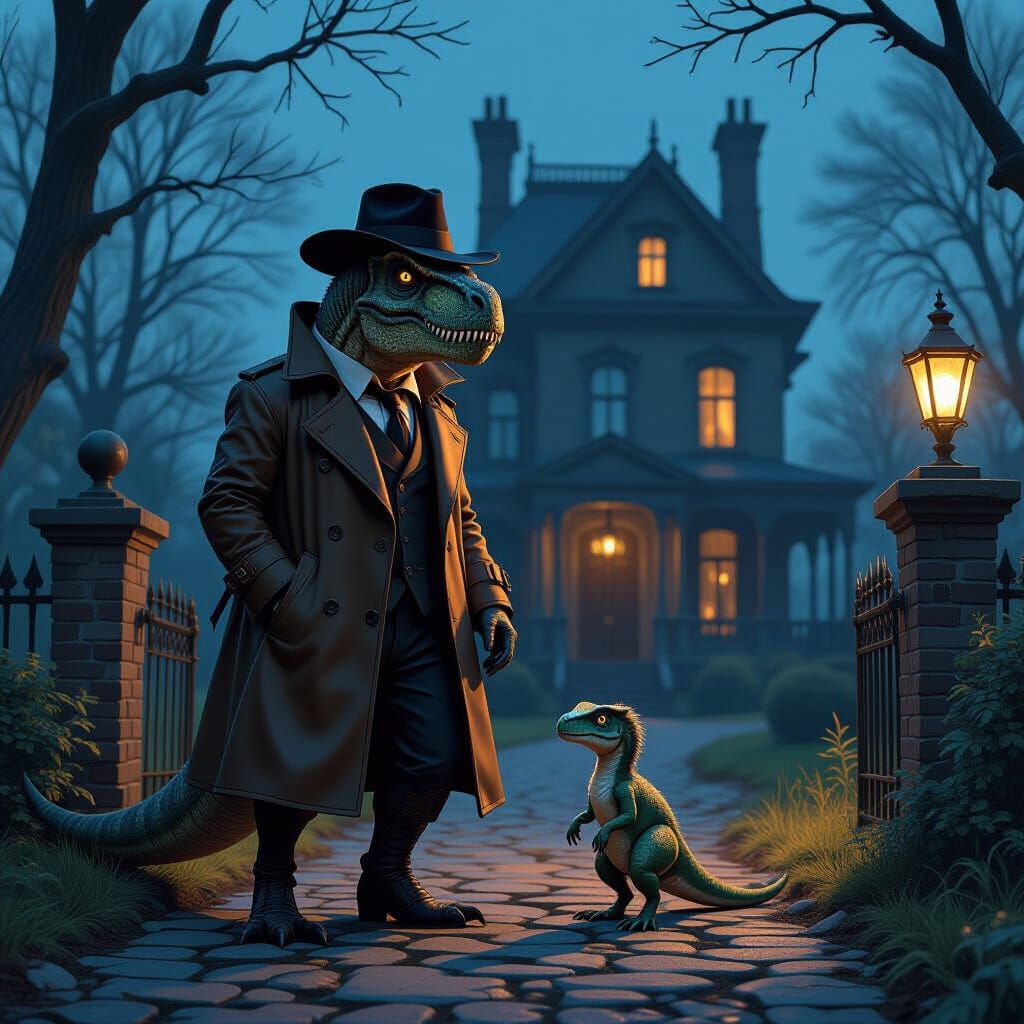 time-traveling dinosaur etective, dressed in classic leather overcoat and homburg hat, with a pet small dinosaur. They stand outside a Victo...