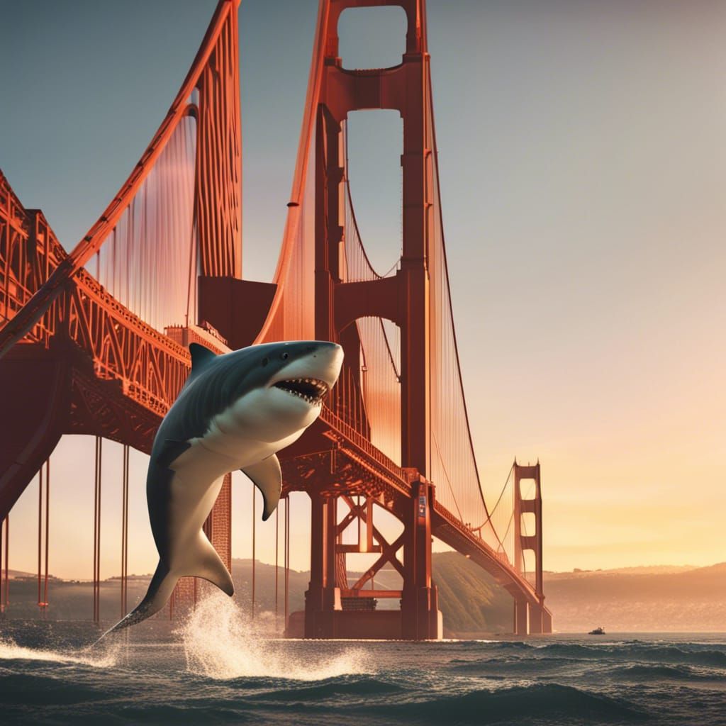 Golden Gate Bridge, attacked by a larger-than-life shark