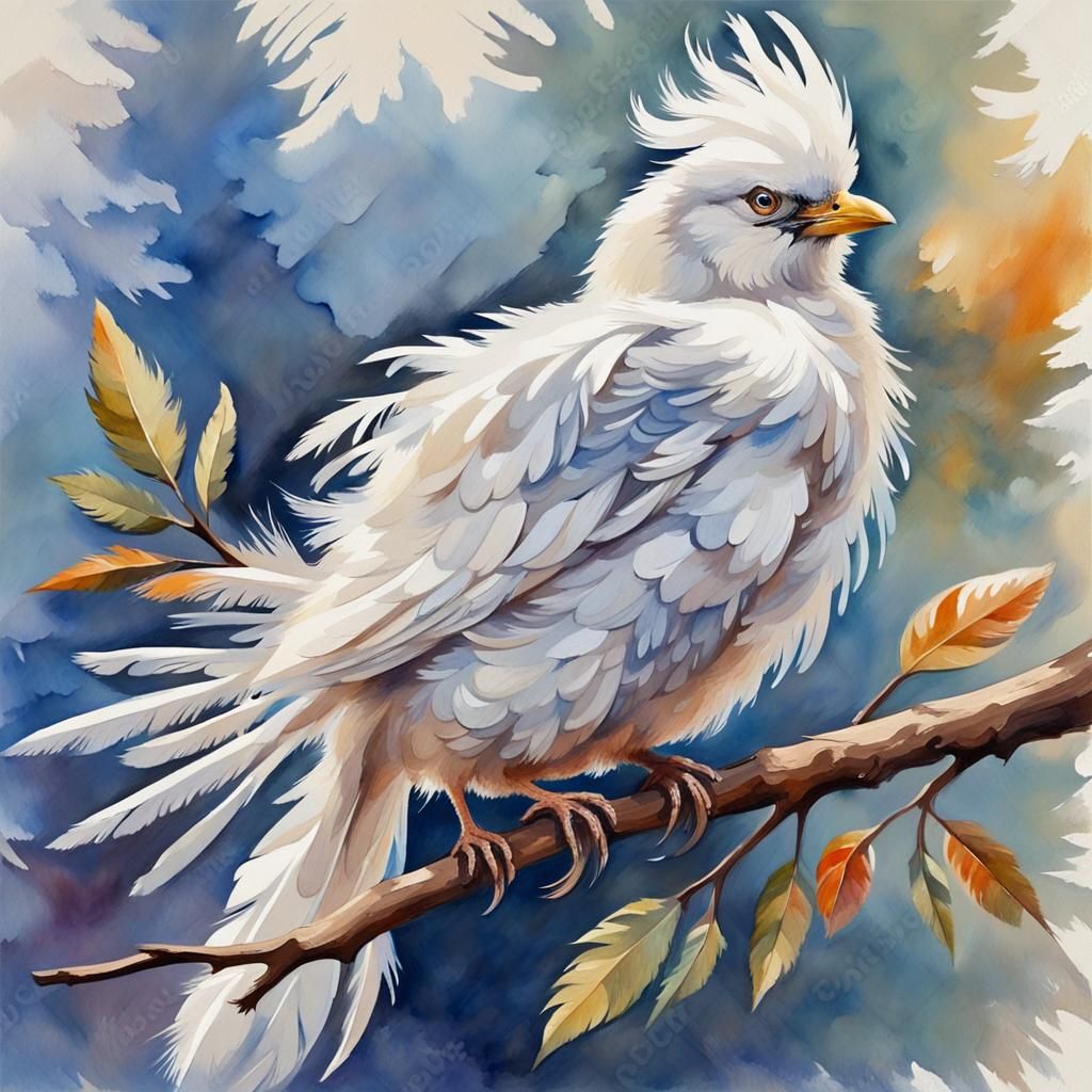 bird with fluffy white feathers on the branch draw by water ...