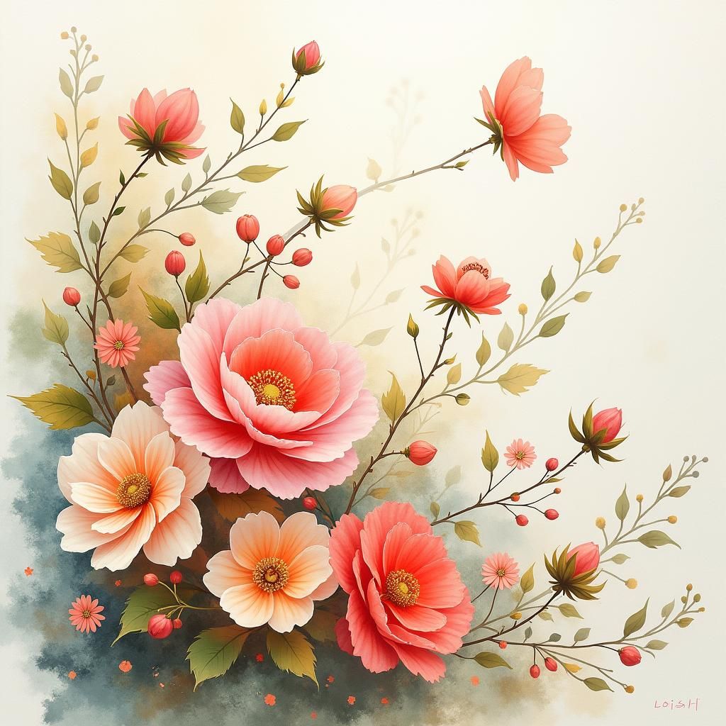 On Parchment, a colorful watercolor of a riot of color and flowers AI