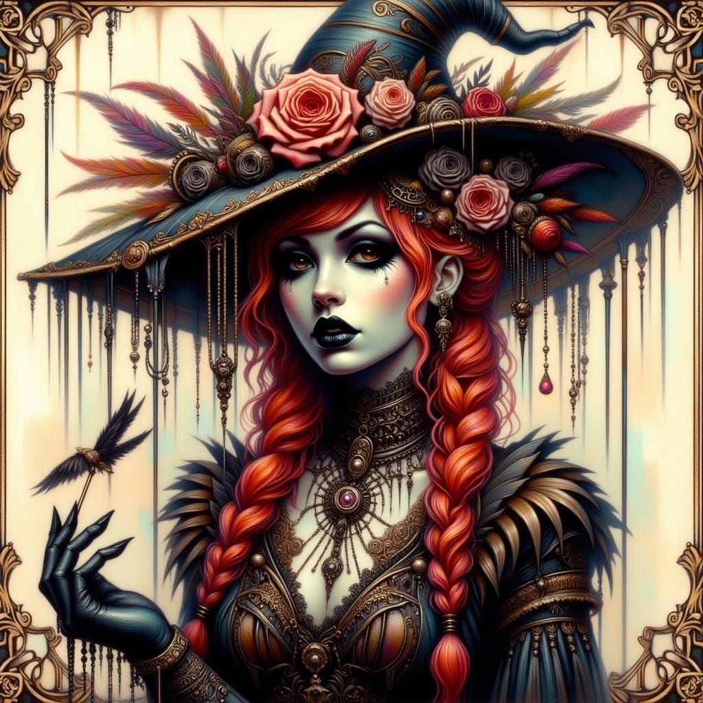 <lora:Romantic Goth:1.0> stunning *lady scarecrow* with red braids whimsical witch grunge style punk aesthetic gritty grunge antique waterc...