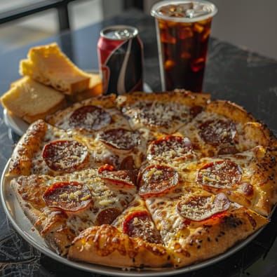 a photo of very cheesy pizza with pepperoni and parmesan on top with cheesy bread and two cans of cola and a glass fille...
