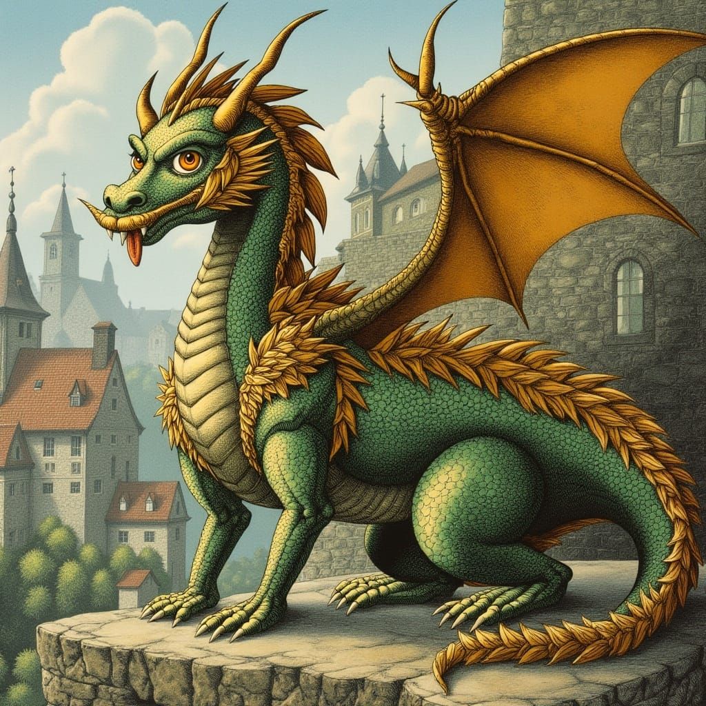<lora:Hans Arnold 2:1.0> A gold and green dragon guarding the medieval village