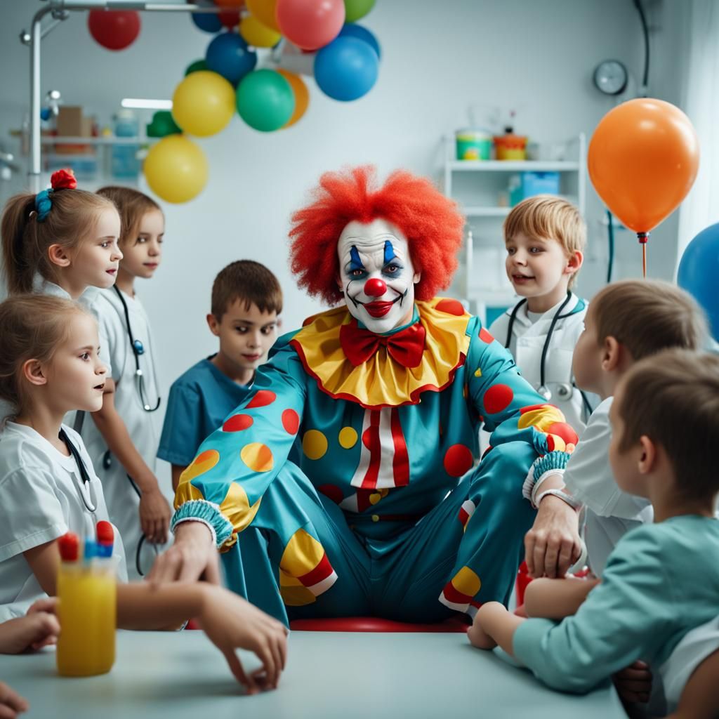 Very beautiful clown surrounded by children in a medical spa...