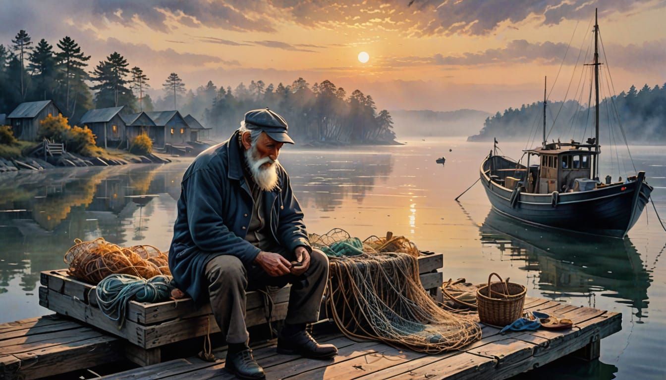 Digital painting. A grizzled old fisherman remembering the good old days, sits on a crate on a weathered ...  by @JimAZ